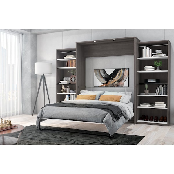 Cielo 119W Full Murphy Bed with 2 Shelving Units (118W), Bark Grey & White
